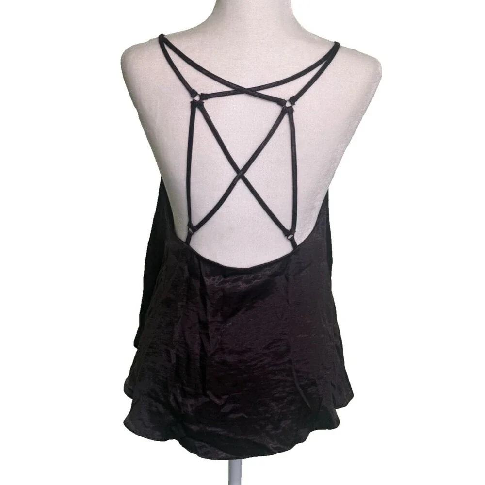 Free People Women's Y2K Black Satin Strappy Back Cami Tank Indie Sleaze Goth Sm‎